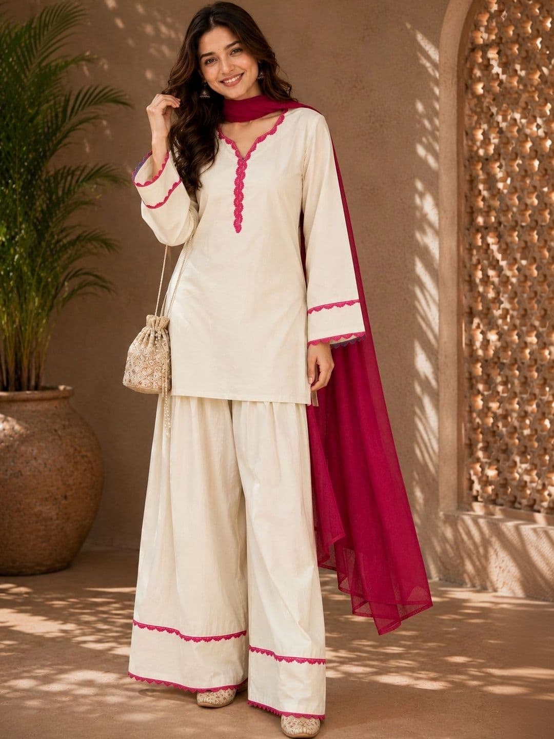 Sangria Women Regular Thread Work Pure Cotton Kurta with Sharara & With Dupatta thumbnail 5