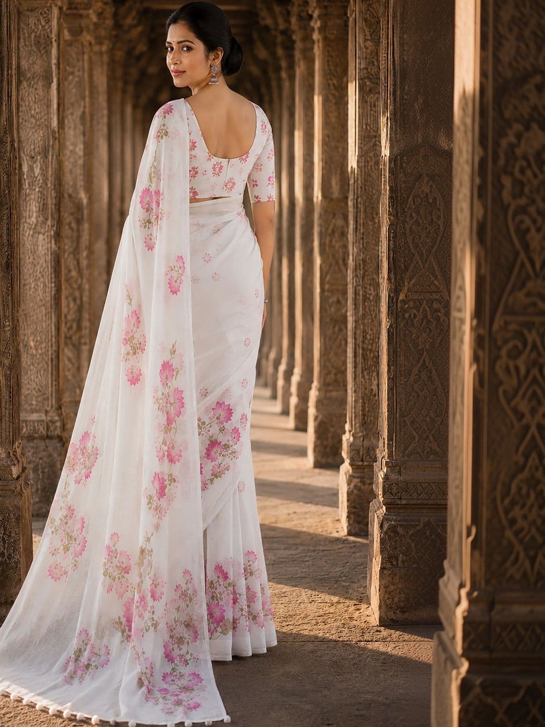KALINI Floral Linen Blend Designer Block Print Saree thumbnail 3