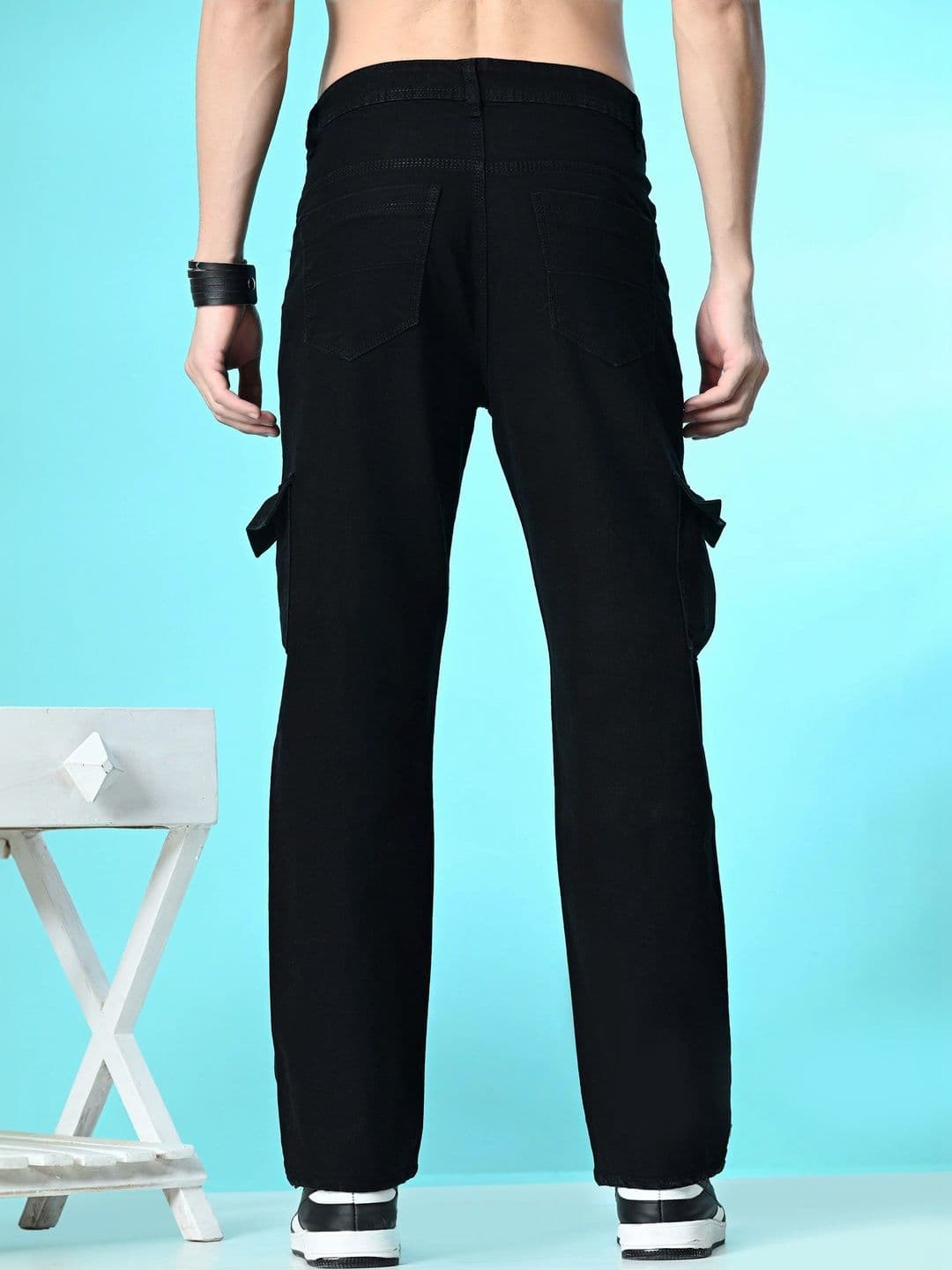 HERE&NOW Men's Jet Black Cargo Wide-Leg Fit Jeans thumbnail 2