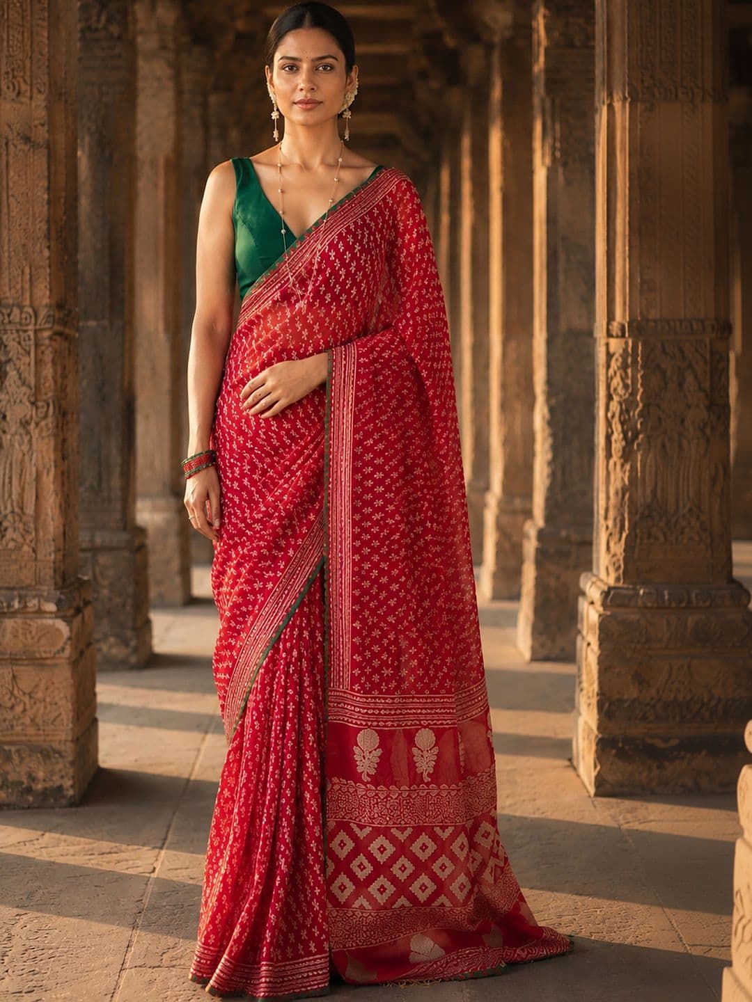 KALINI Bandhani Zari Linen Blend Designer Block Print Saree - view 1