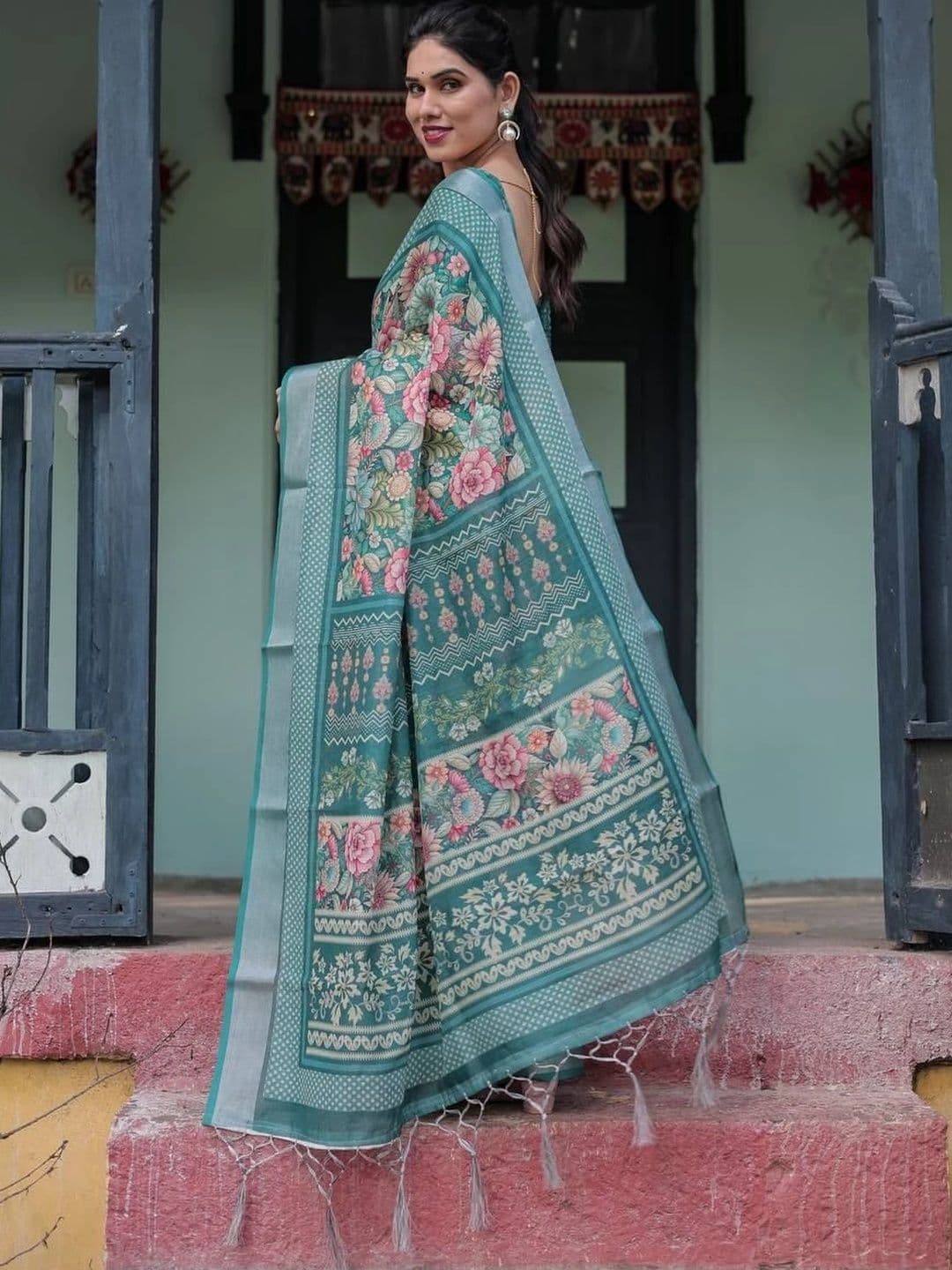 saneria silk Floral Linen Blend Chanderi Saree thumbnail 3