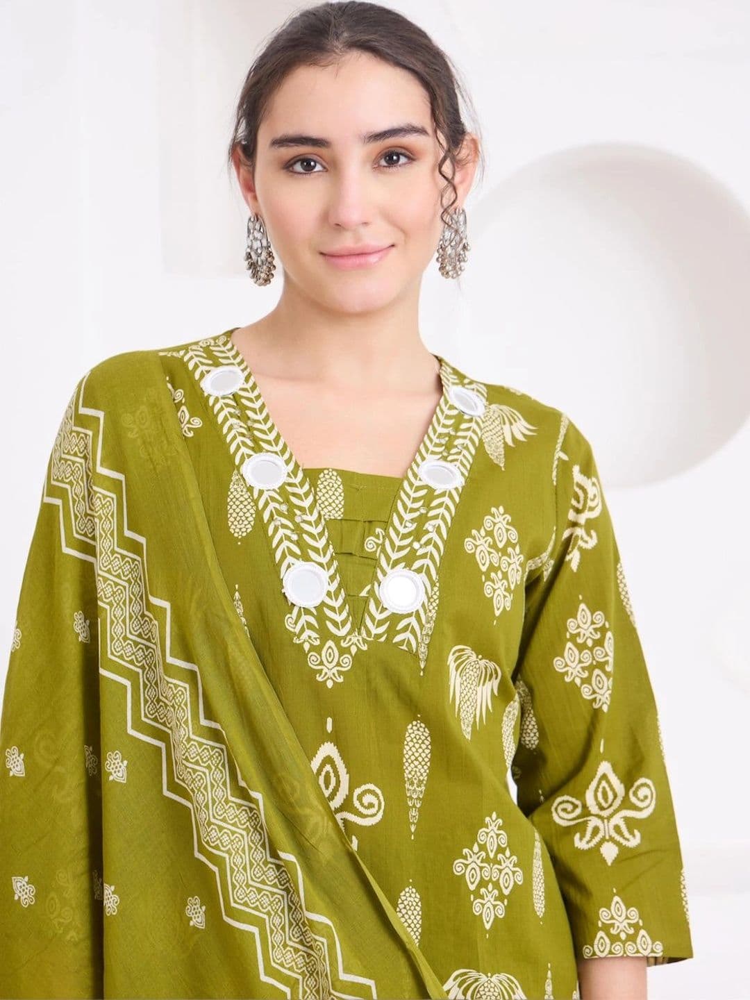 KALINI Women Ethnic Motifs Printed Regular Mirror Work Pure Cotton Kurta with Trousers & With Dupatta thumbnail 5