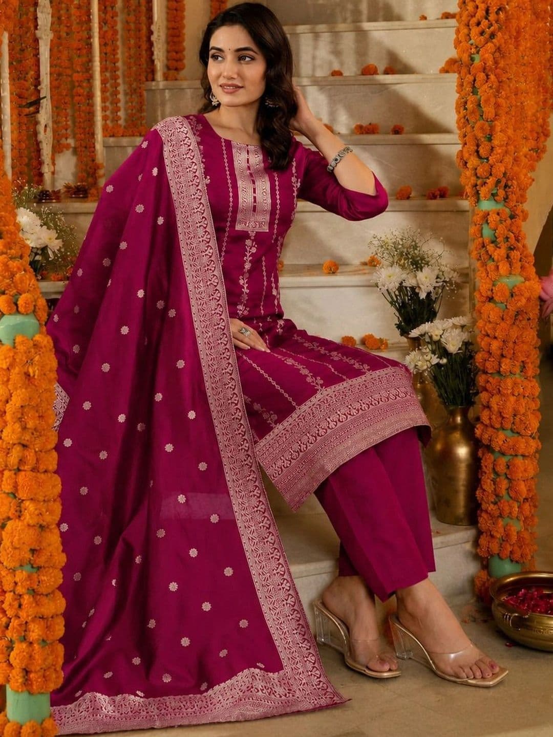 KALINI Women Ethnic Motifs Regular Kurta with Trousers & With Dupatta thumbnail 3