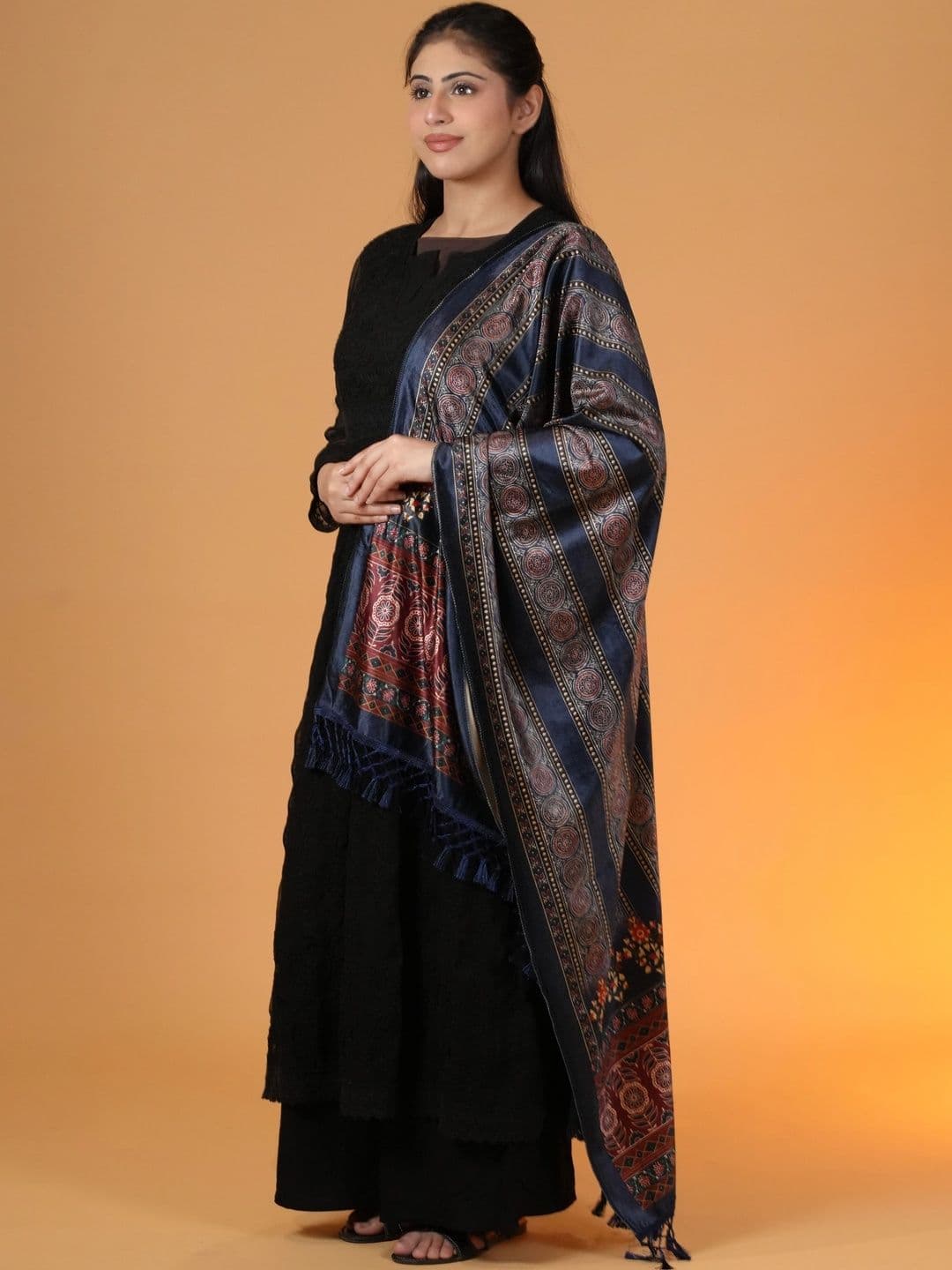 SHIFNEEN Women Ethnic Motifs Printed Velvet Shawl thumbnail 2