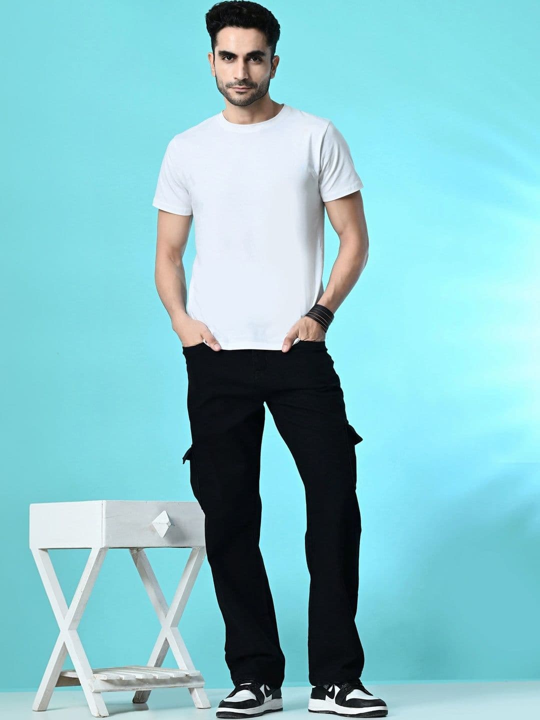 HERE&NOW Men's Jet Black Cargo Wide-Leg Fit Jeans thumbnail 5