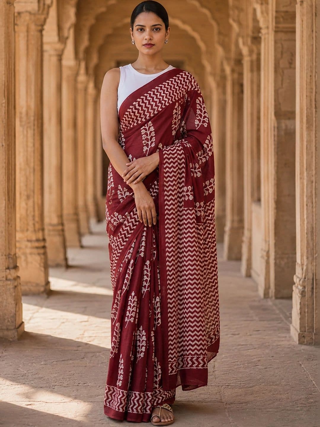 KALINI Floral Linen Blend Designer Block Print Saree - view 1