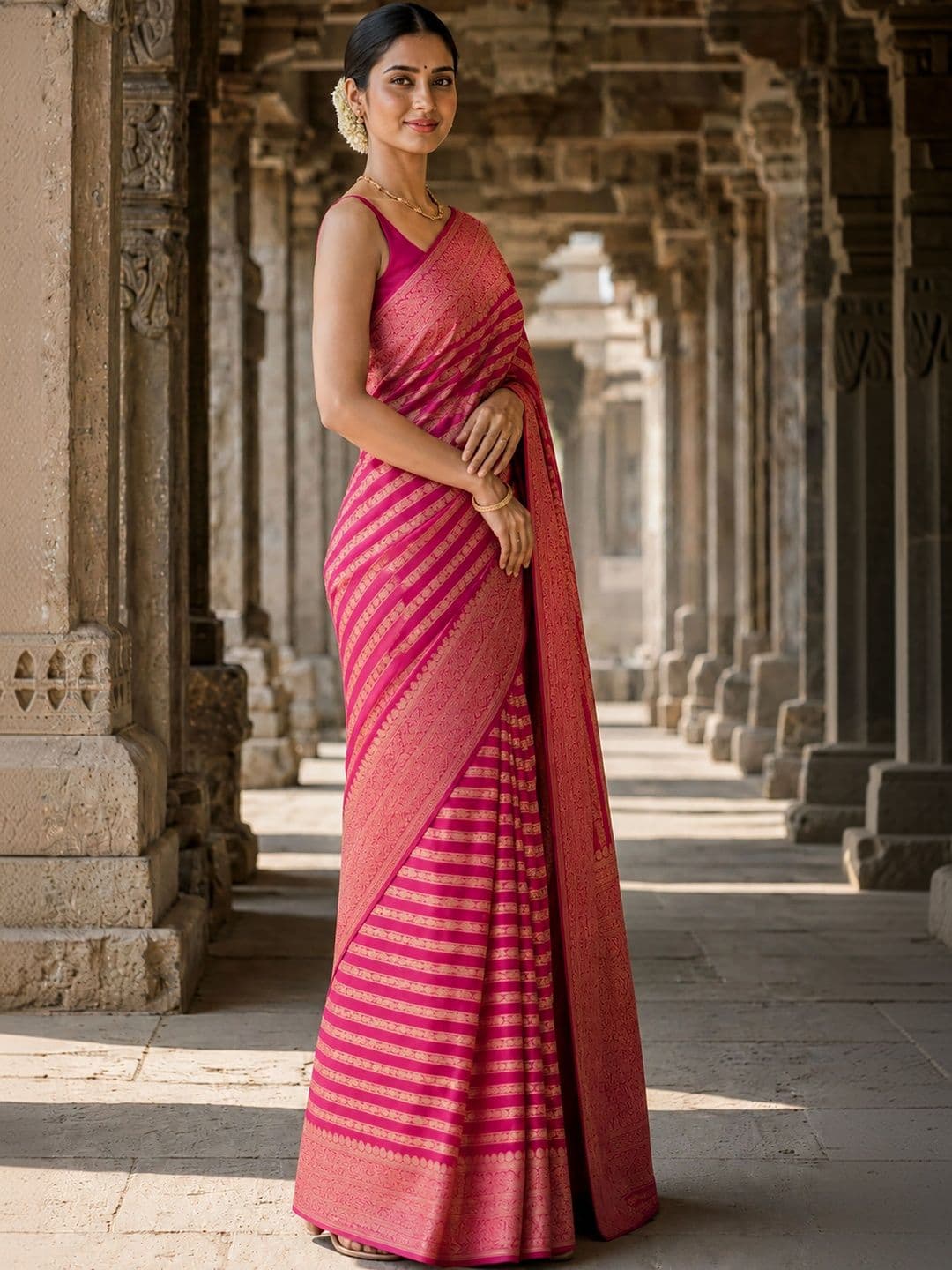 Mitera Striped Zari Silk Blend Designer Banarasi Saree thumbnail 4