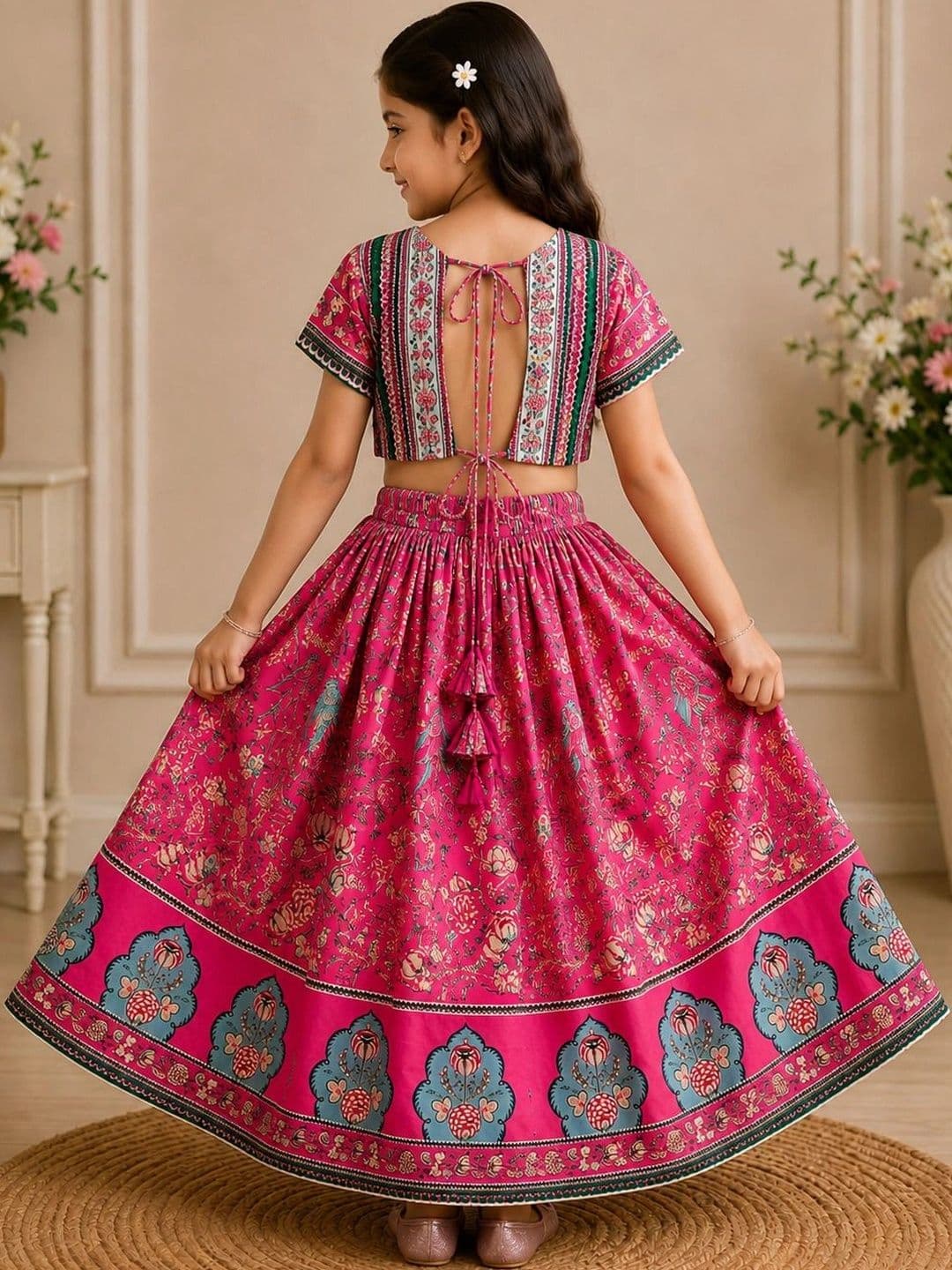KALINI Girls Printed Block Print Ready to Wear Lehenga Set thumbnail 3