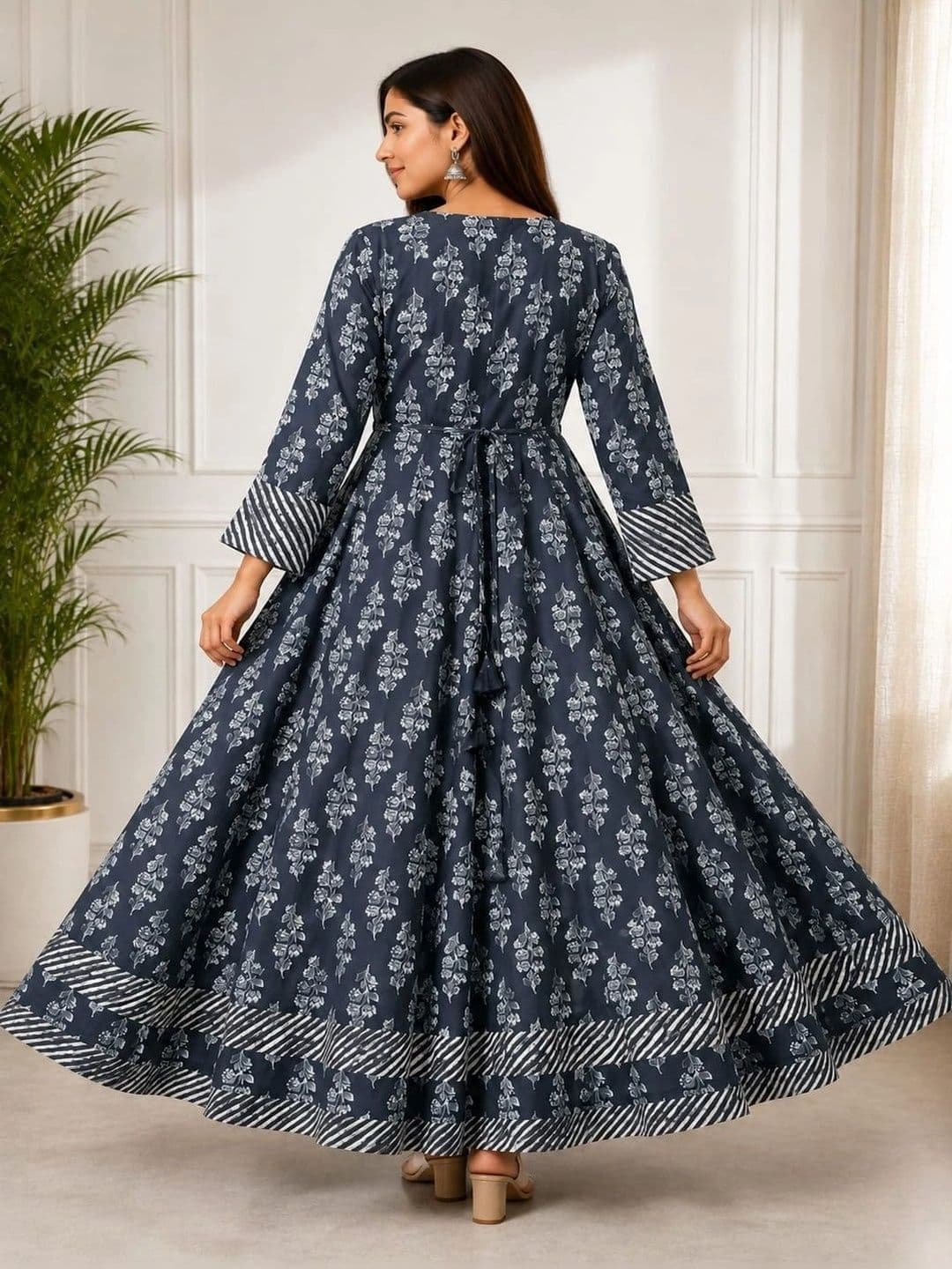 HERE&NOW Printed Round Neck A-Line Ethnic Dresses thumbnail 4