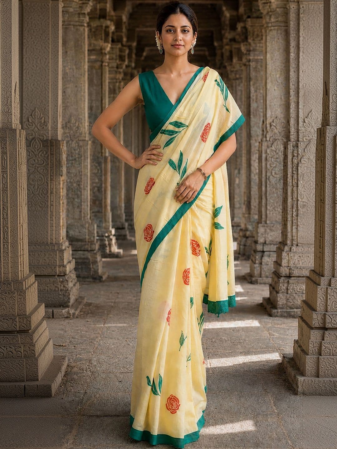 KALINI Floral Linen Blend Designer Block Print Saree thumbnail 4