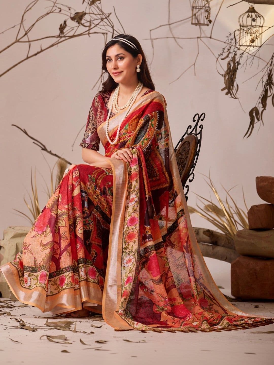 DIVASTRI Ethnic Motifs Zari Linen Blend Designer Patola Saree thumbnail 5