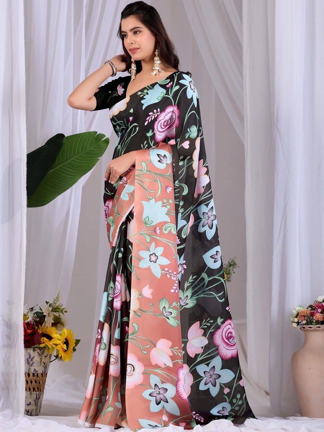 Mitera Floral Satin Designer Saree thumbnail 2