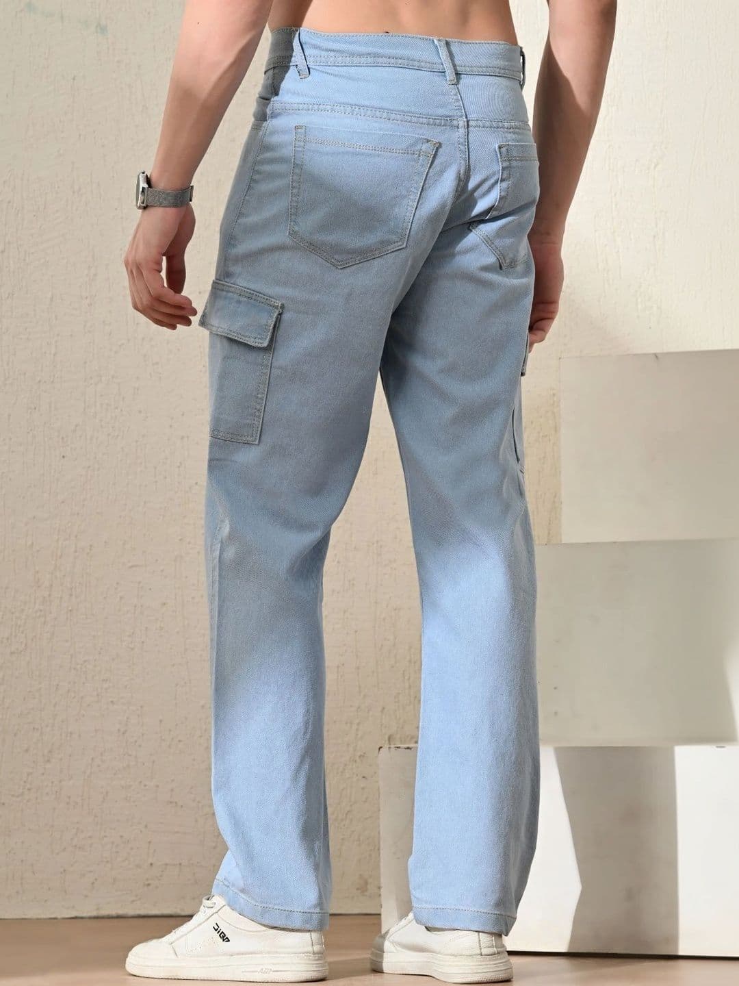 HERE&NOW Men's Light Blue Wash Mid-Rise Cargo Straight Leg Jeans thumbnail 5