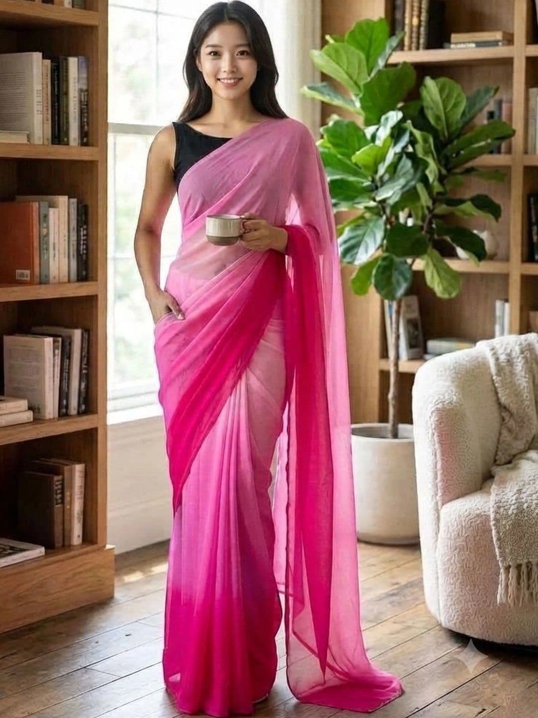 HERE&NOW Ombre Poly Georgette Saree - view 1