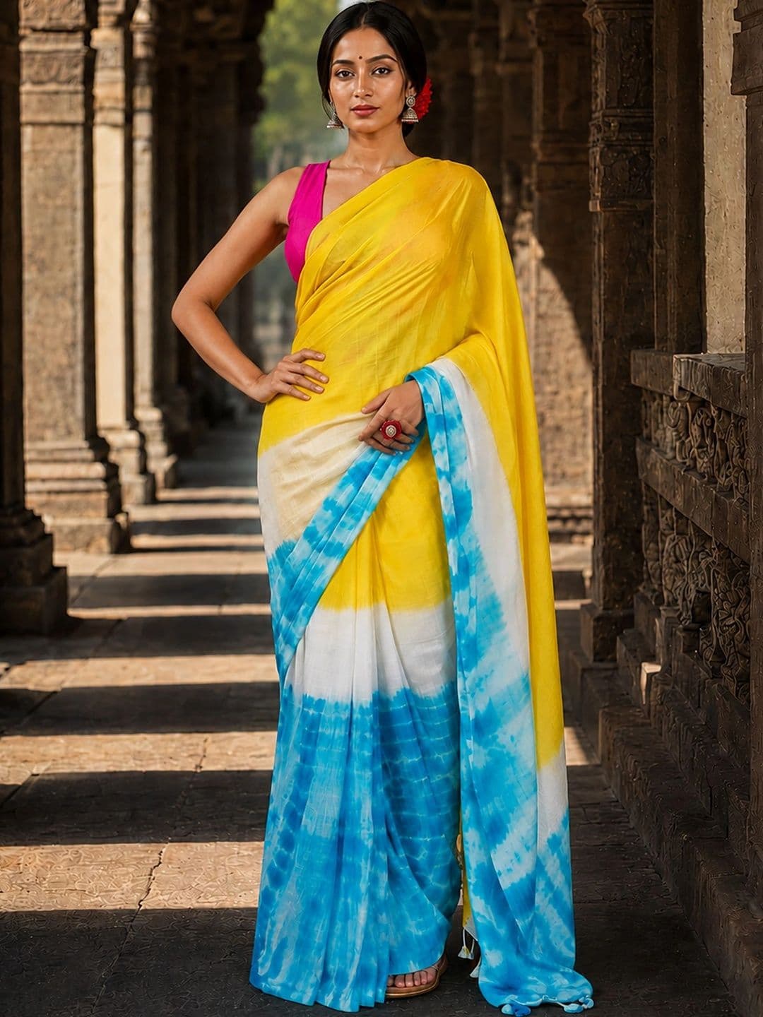 KALINI Tie and Dye Linen Blend Designer Block Print Saree thumbnail 3