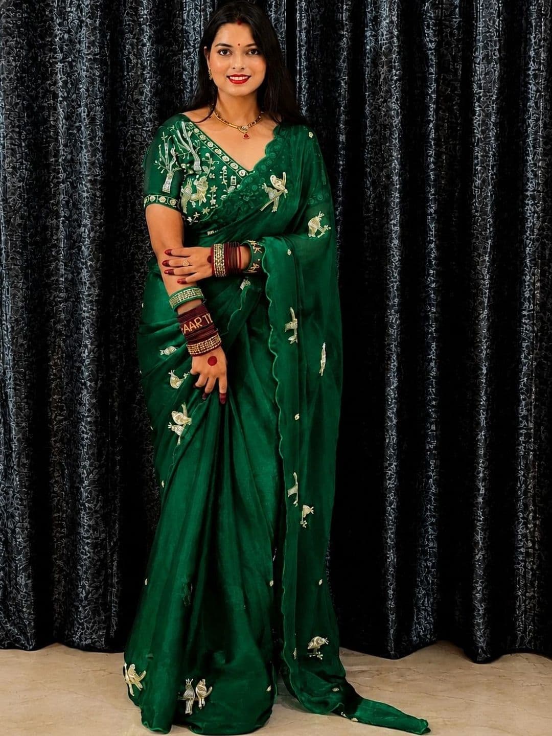 HK TEX Embroidered Satin Saree thumbnail 4