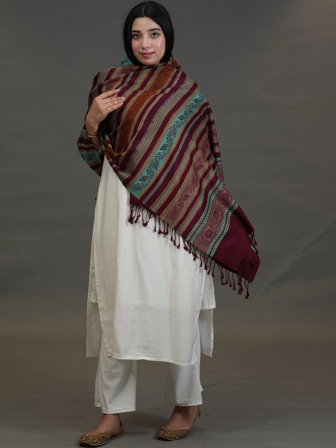S.T. Women Striped Woven Design Acrylic Shawl thumbnail 2