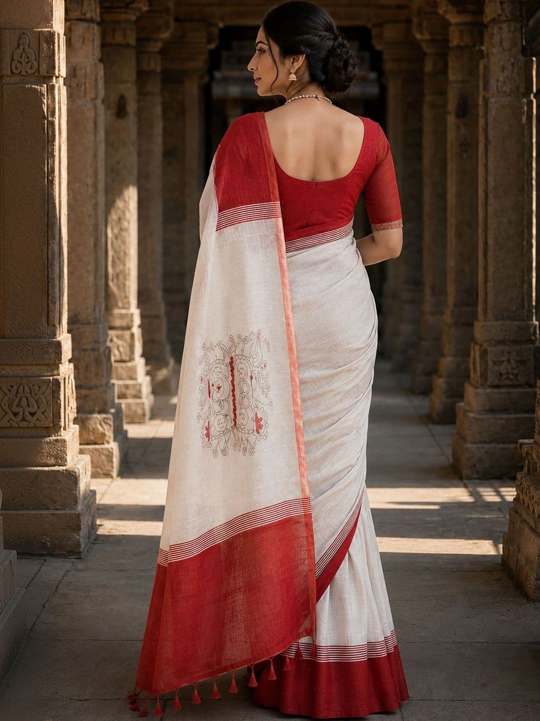 KALINI Linen Blend Designer Block Print Saree thumbnail 4