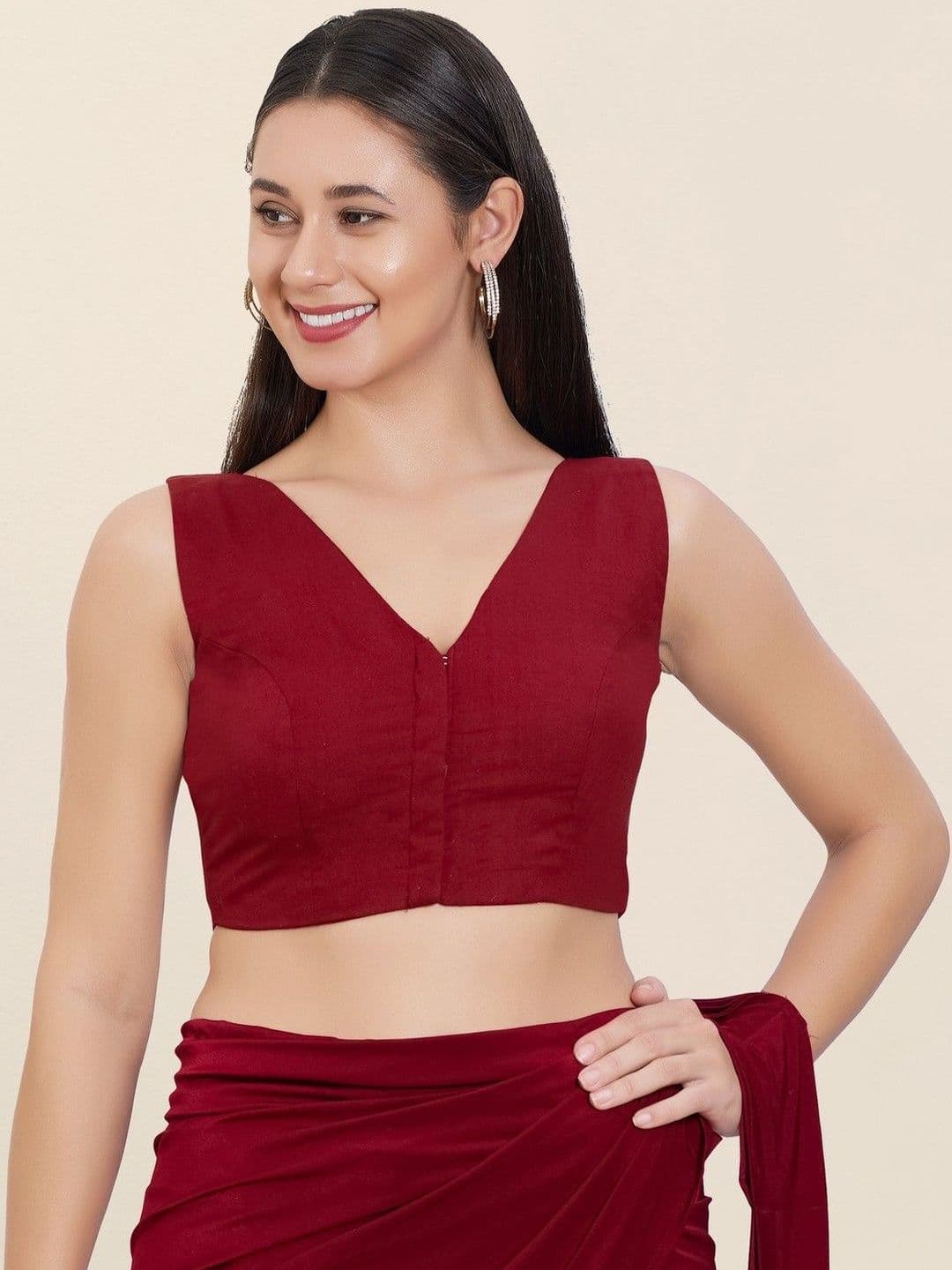 VAMAS - THE DESIGNER BLOUSES Red Cotton Sleeveless Padded Back Open Readymade Blouse - view 1