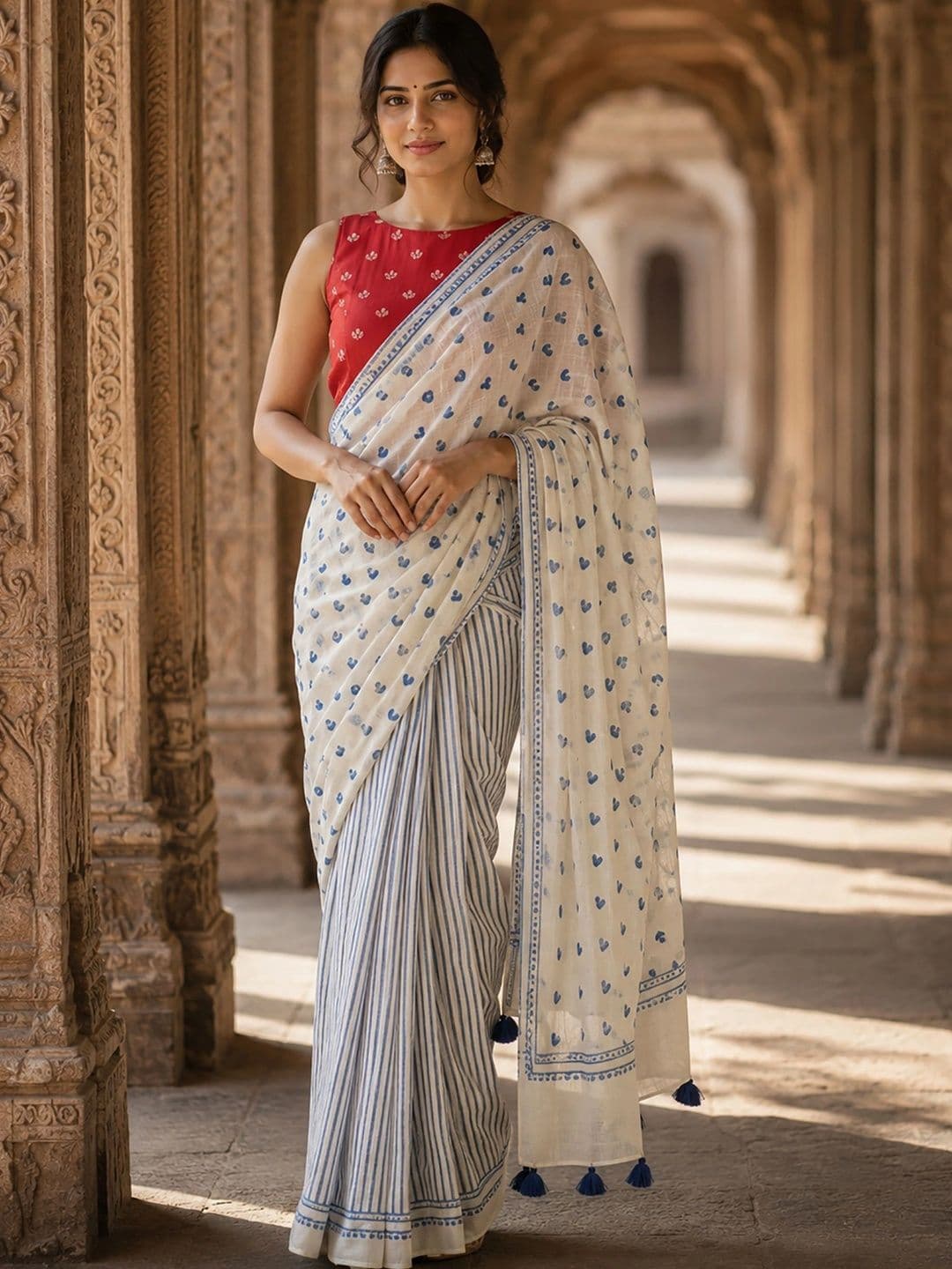 KALINI Linen Blend Designer Block Print Saree - view 1