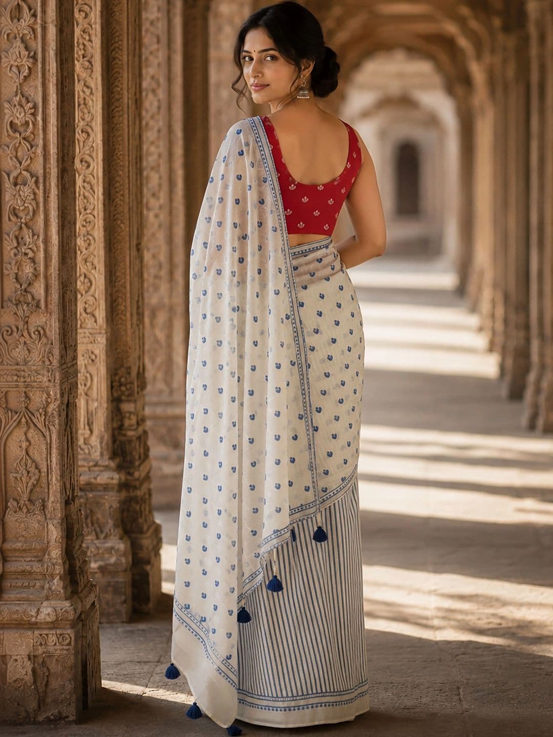 KALINI Linen Blend Designer Block Print Saree thumbnail 5
