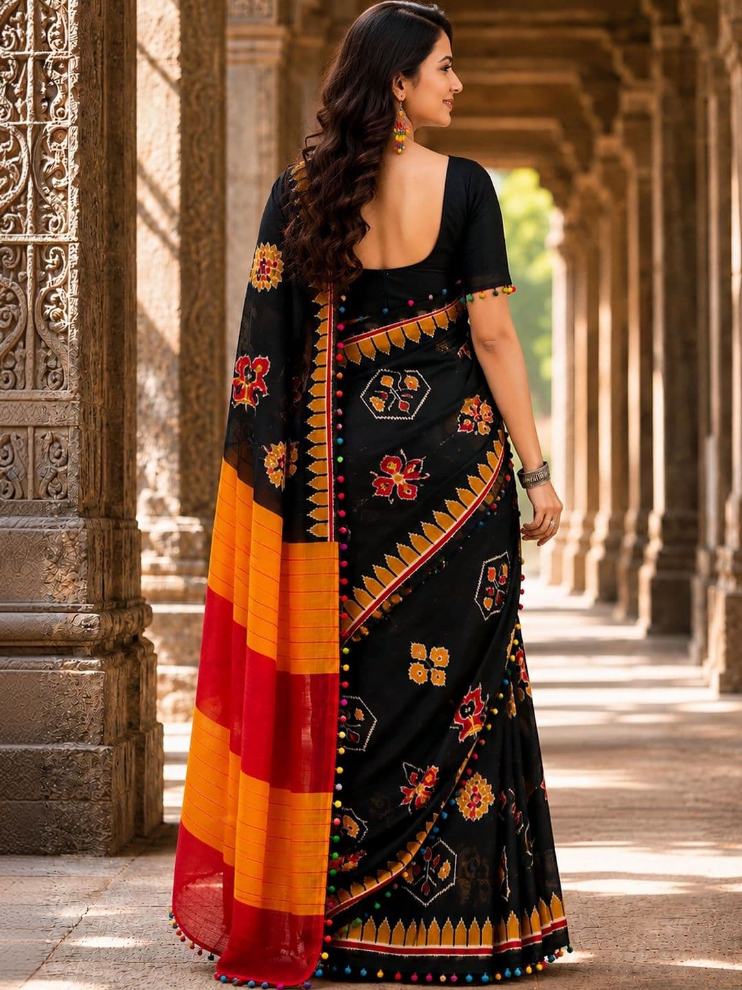 KALINI Linen Blend Designer Block Print Saree thumbnail 4