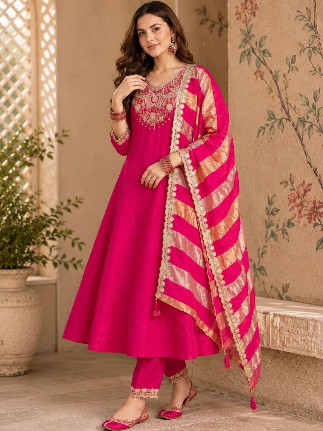 Sangria Women Ethnic Motifs Embroidered Regular Dupion Silk Kurta with Trousers & With Dupatta thumbnail 2