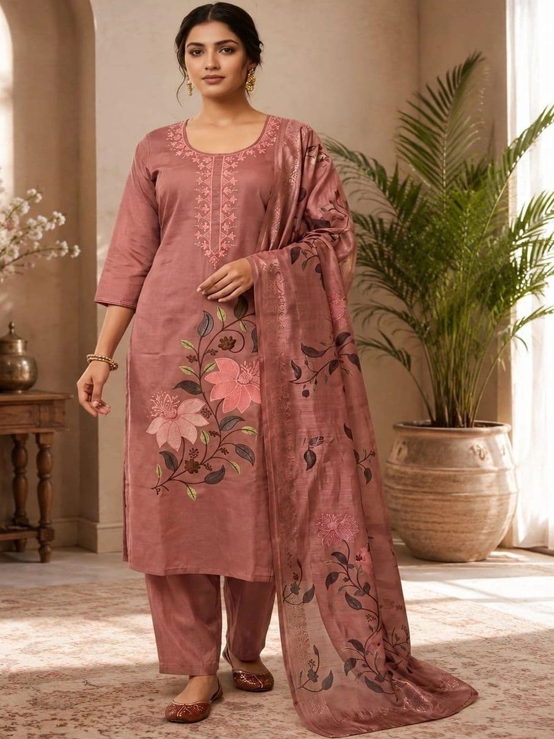 Harvi Women Floral Embroidered Regular Thread Work Kurta with Trousers & With Dupatta - view 1