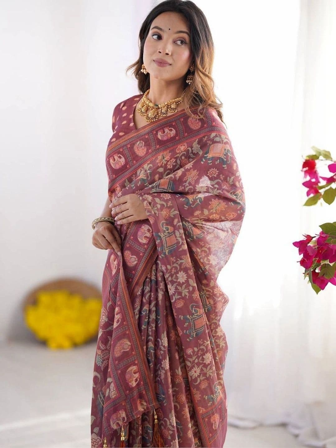 saneria silk Floral Linen Blend Bagru Saree thumbnail 5