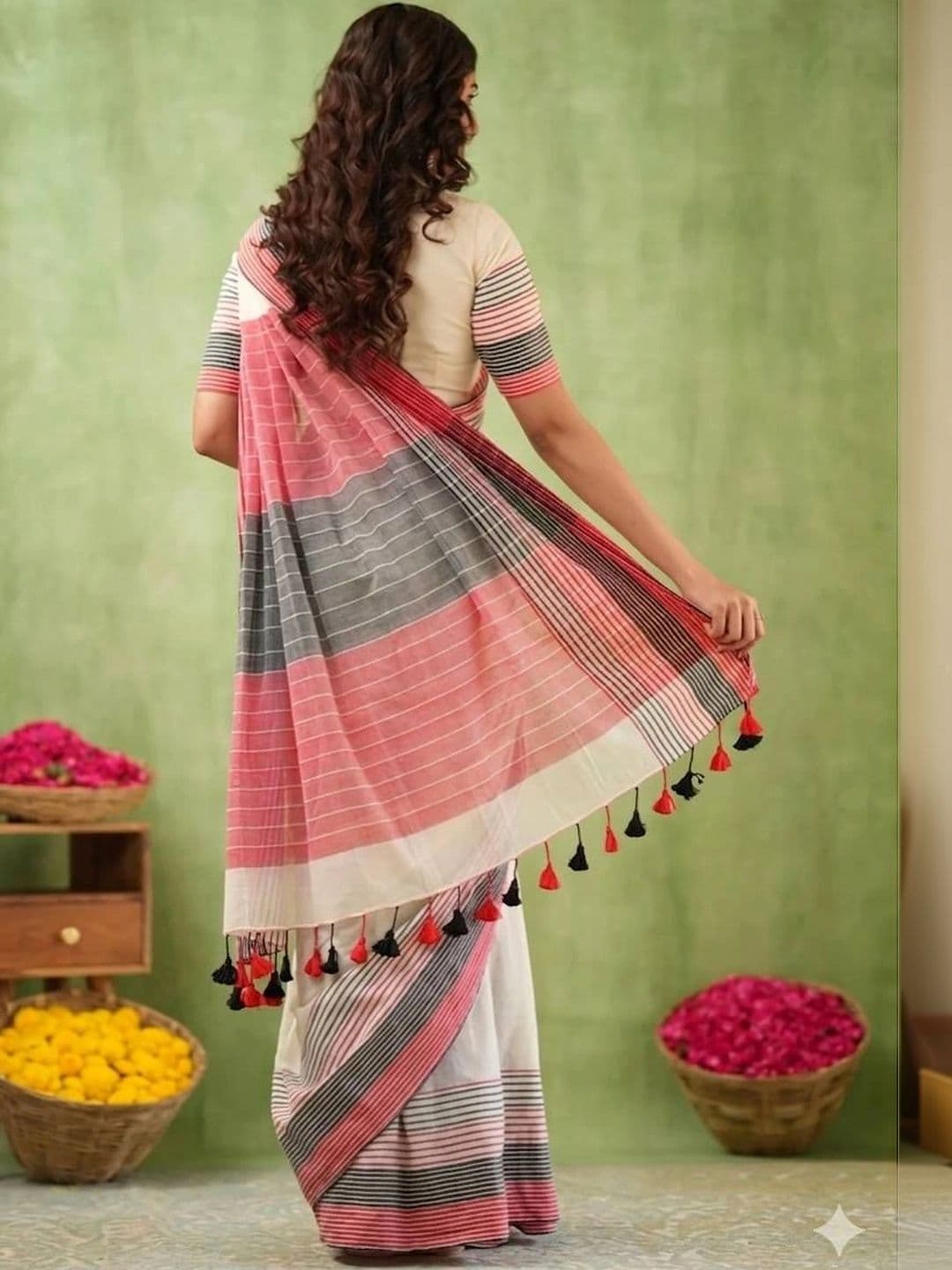 saneria silk Striped Linen Blend Taant Saree thumbnail 4