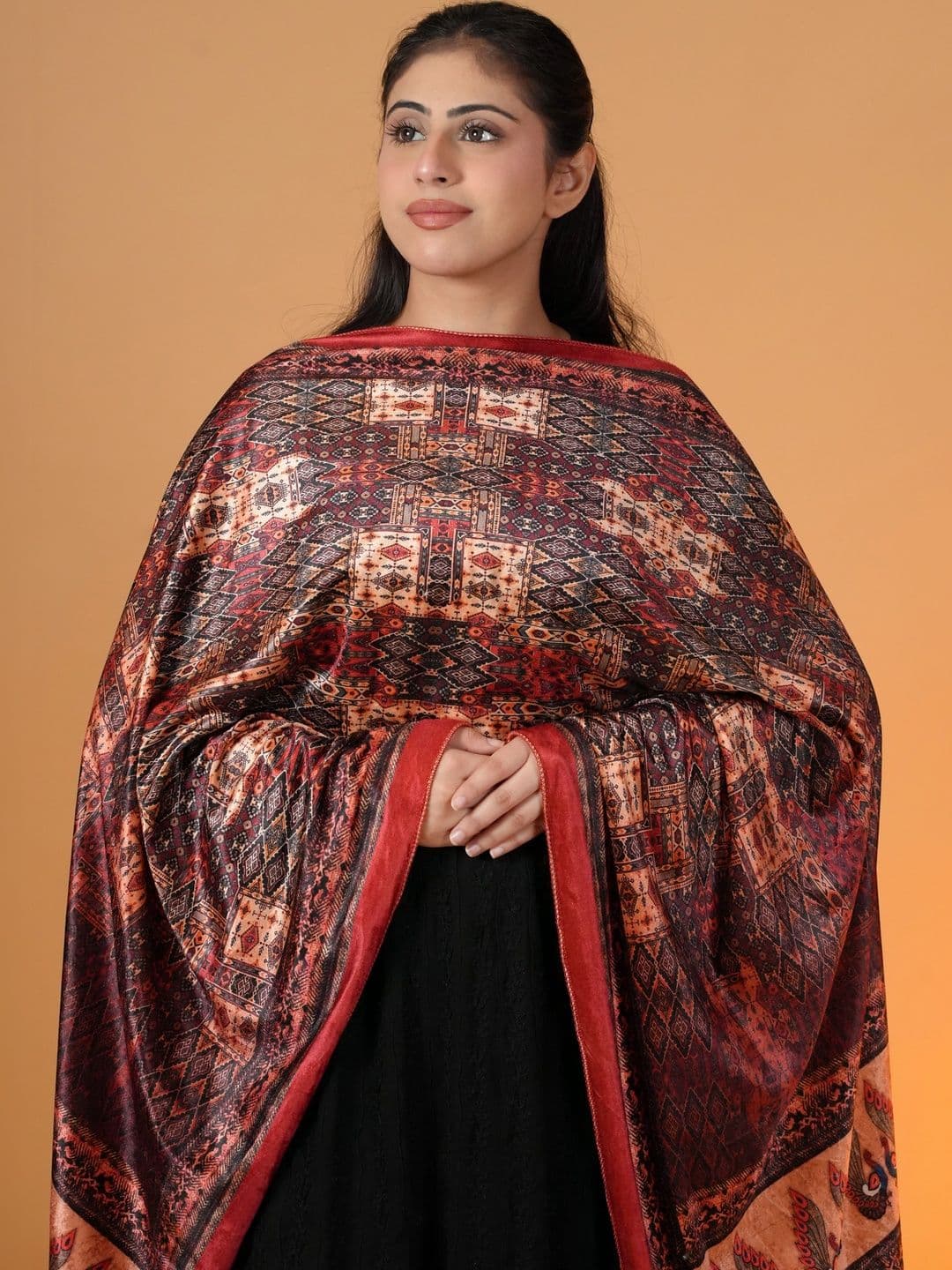 S.T. Women Ethnic Motifs Printed Velvet Shawl thumbnail 3