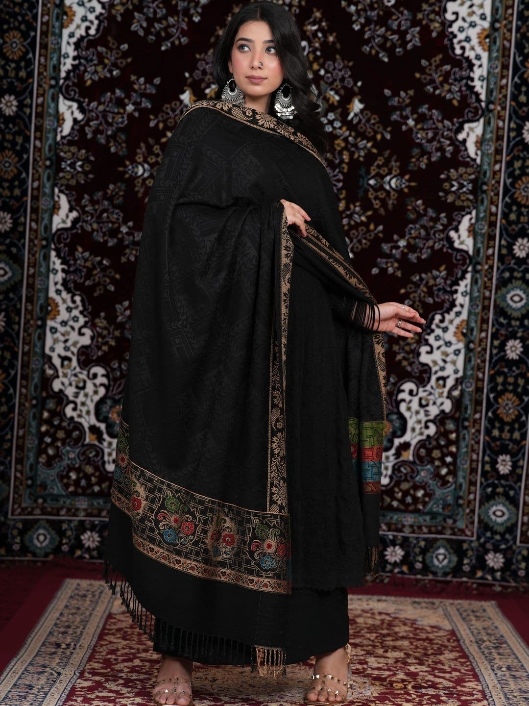 S.T. Women Ethnic Motifs Embroidered Acrylic Shawl thumbnail 4