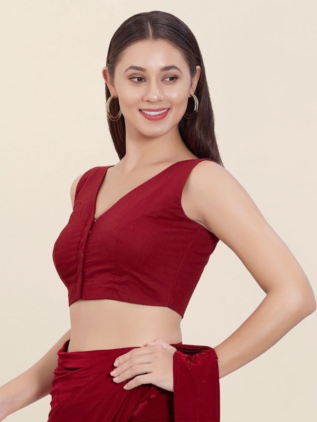 VAMAS - THE DESIGNER BLOUSES Red Cotton Sleeveless Padded Back Open Readymade Blouse thumbnail 5