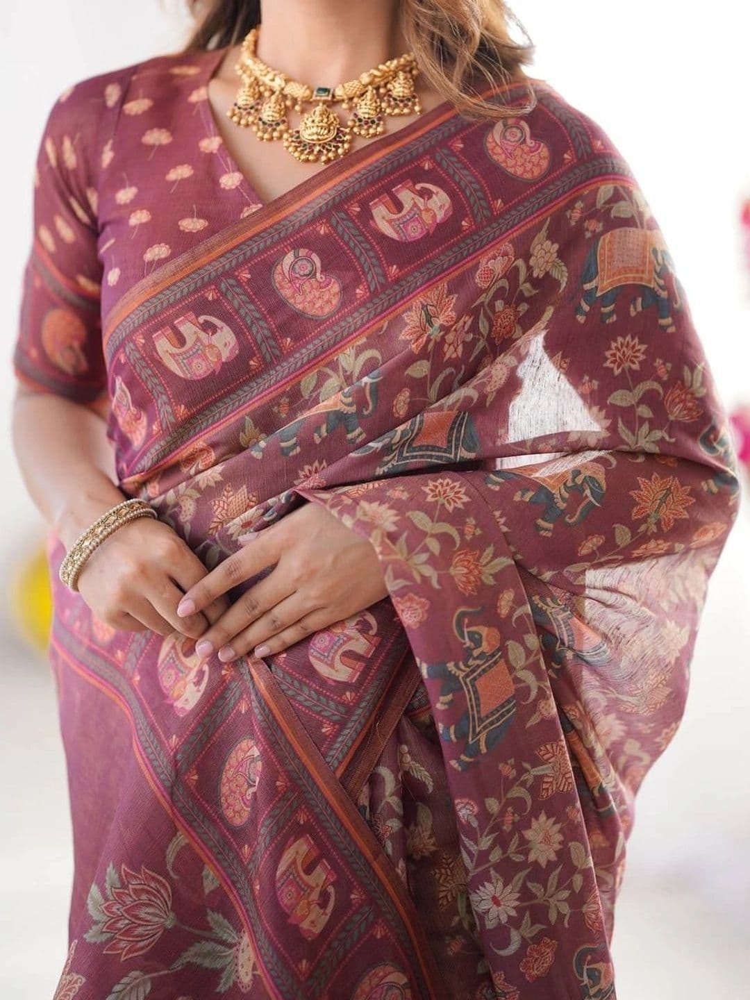 saneria silk Floral Linen Blend Bagru Saree thumbnail 7