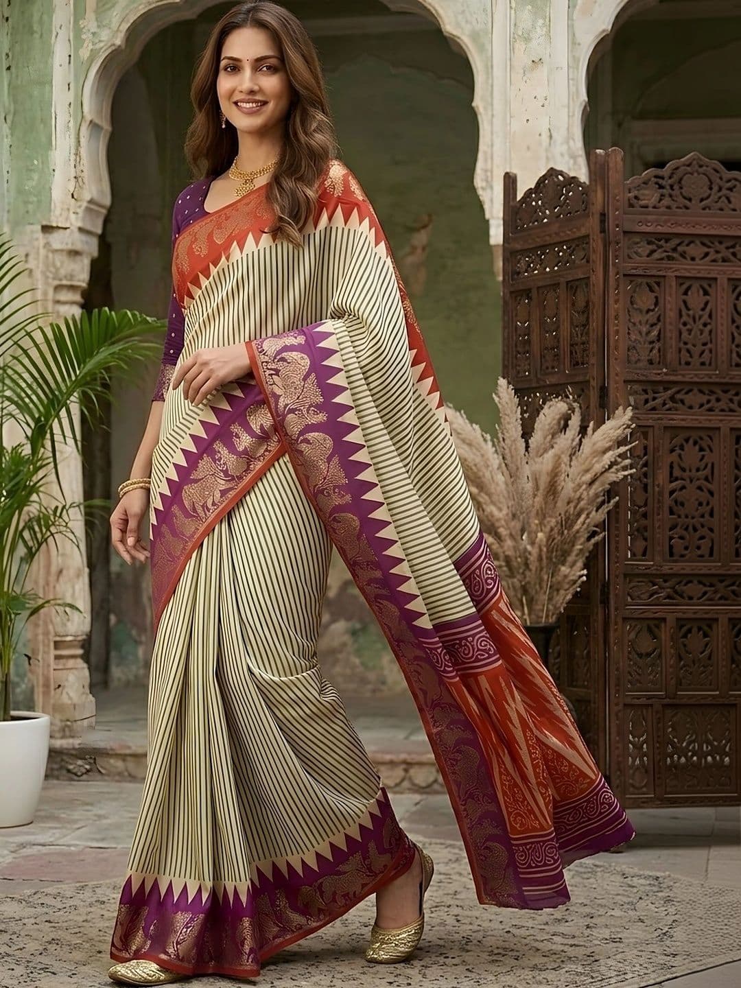 Mitera Striped Zari Silk Blend Designer Saree thumbnail 2