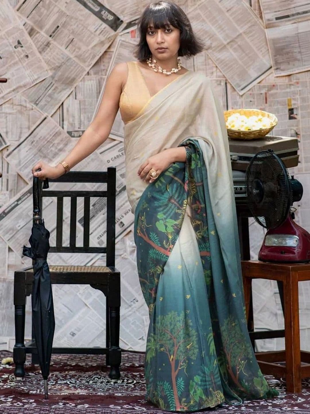 saneria silk Floral Linen Blend Sambalpuri Saree thumbnail 4