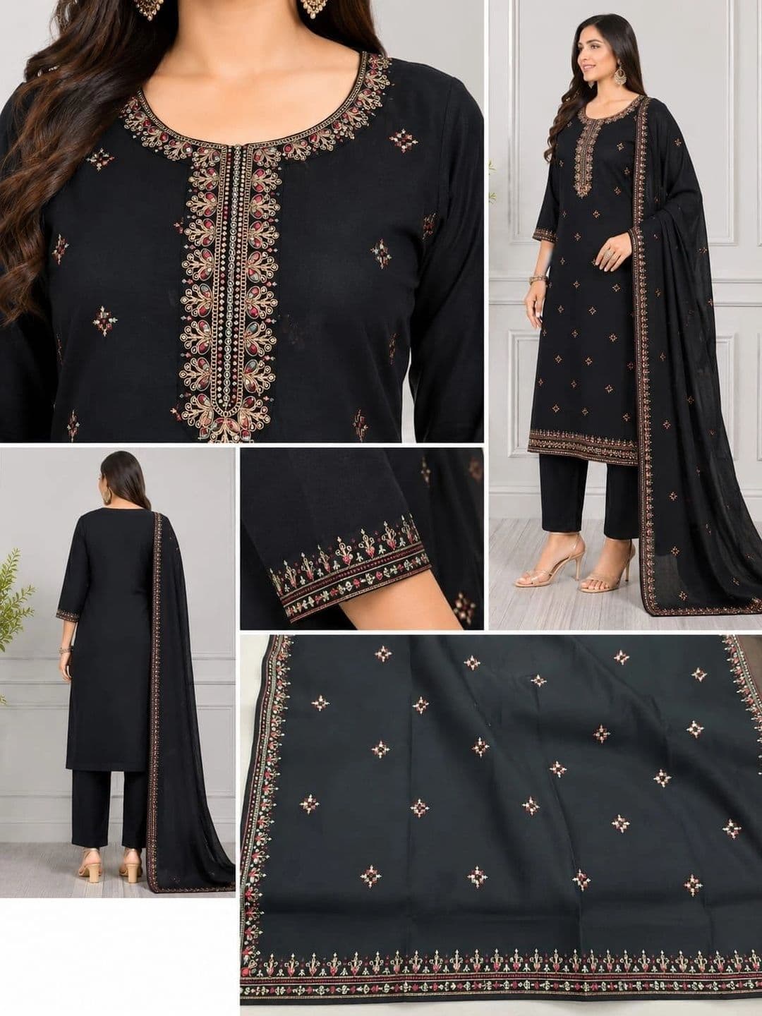 Harvi Women Ethnic Motifs Embroidered Regular Thread Work Kurta with Trousers & With Dupatta thumbnail 2