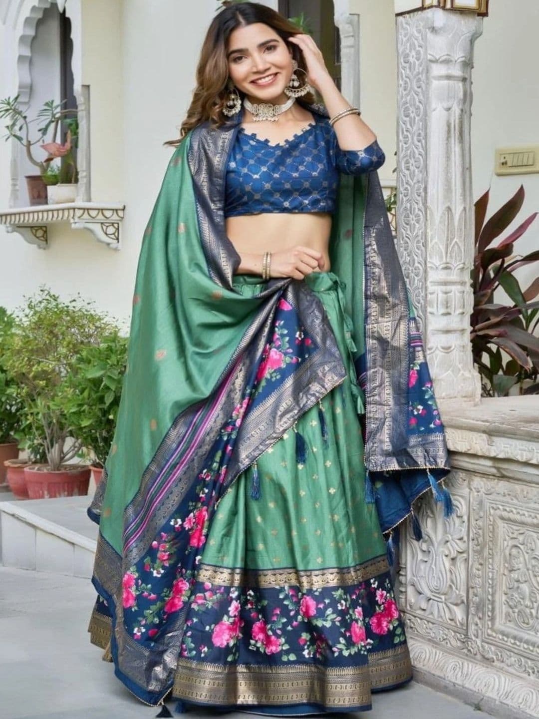 Sangria Semi-Stitched Lehenga & Unstitched Blouse With Dupatta - view 1