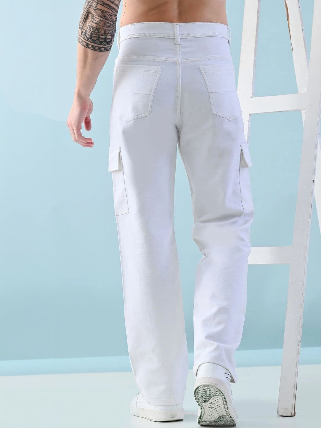HERE&NOW Men's Contemporary White Mid-Rise Wide-Leg Cargo Jeans thumbnail 6