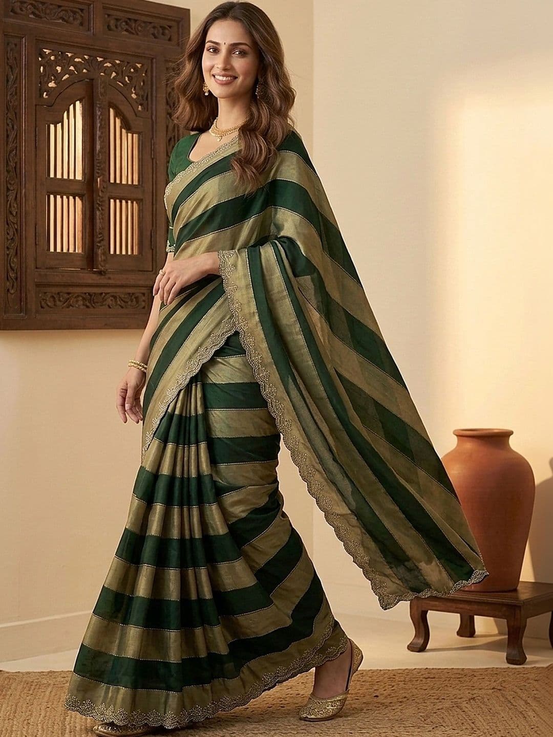 all about you Striped Embroidered Silk Blend Fusion Saree - view 1
