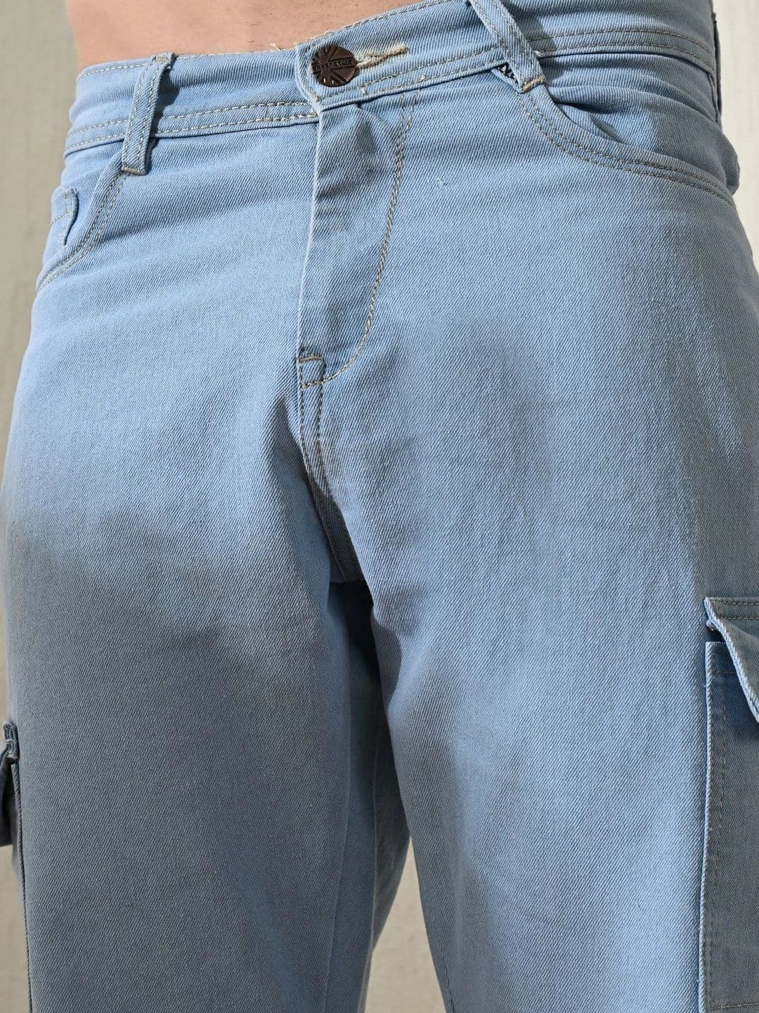 HERE&NOW Men's Light Blue Wash Mid-Rise Cargo Straight Leg Jeans thumbnail 3