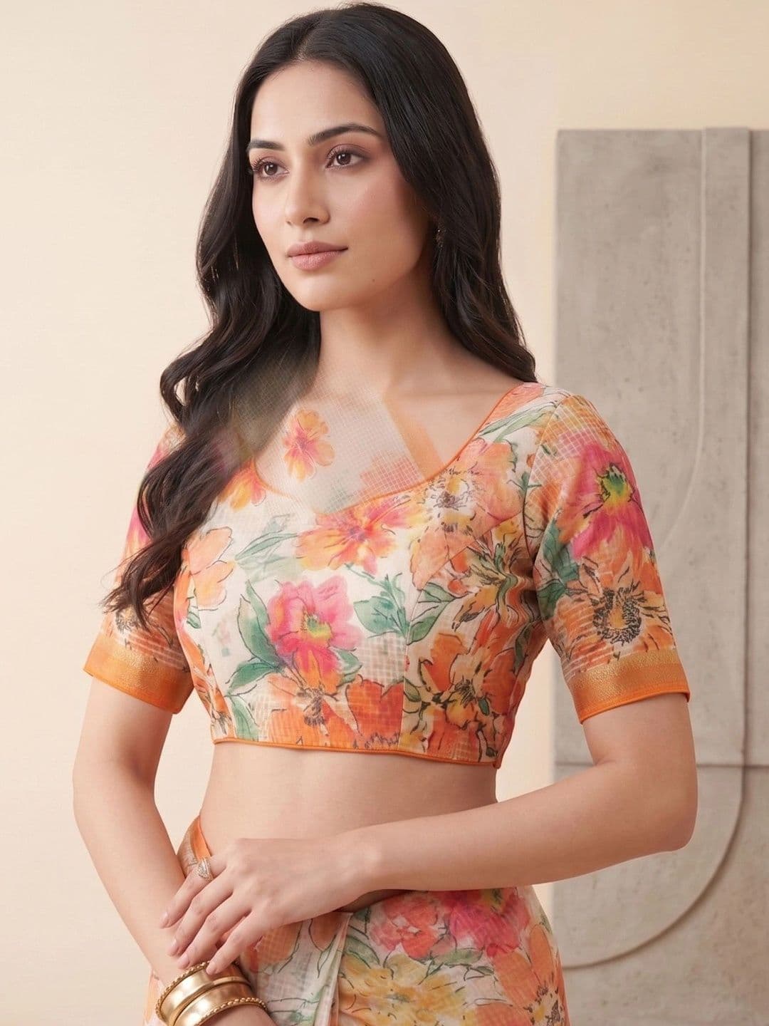 elora Floral Linen Blend Handloom Saree thumbnail 2