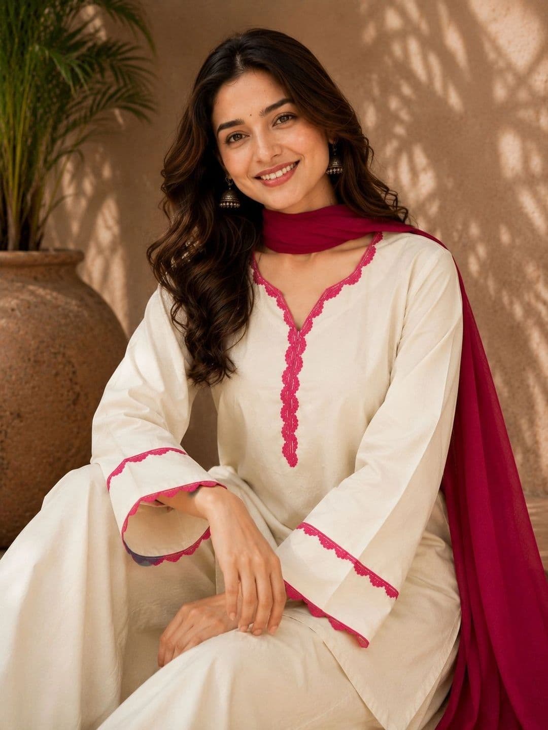 Sangria Women Regular Thread Work Pure Cotton Kurta with Sharara & With Dupatta thumbnail 2