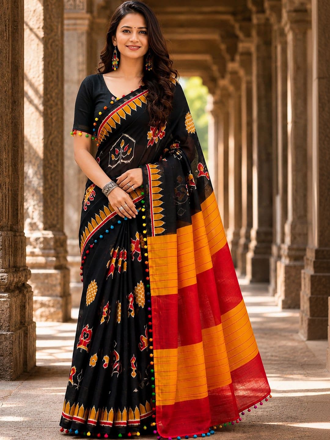 KALINI Linen Blend Designer Block Print Saree - view 1