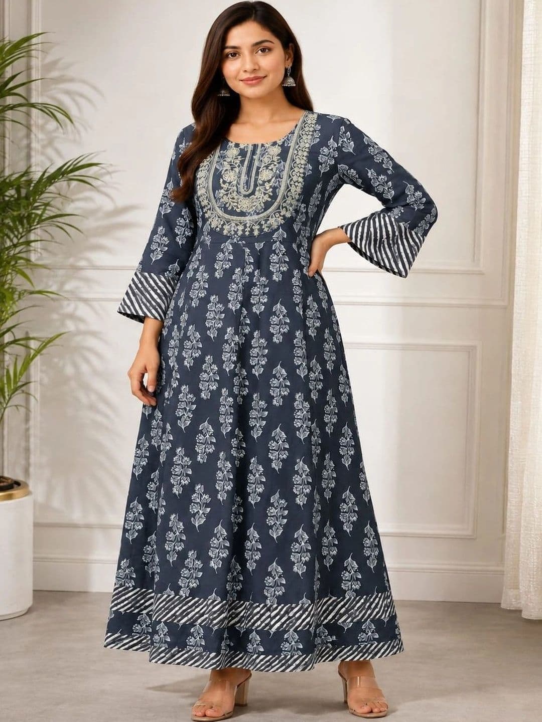 HERE&NOW Printed Round Neck A-Line Ethnic Dresses thumbnail 5