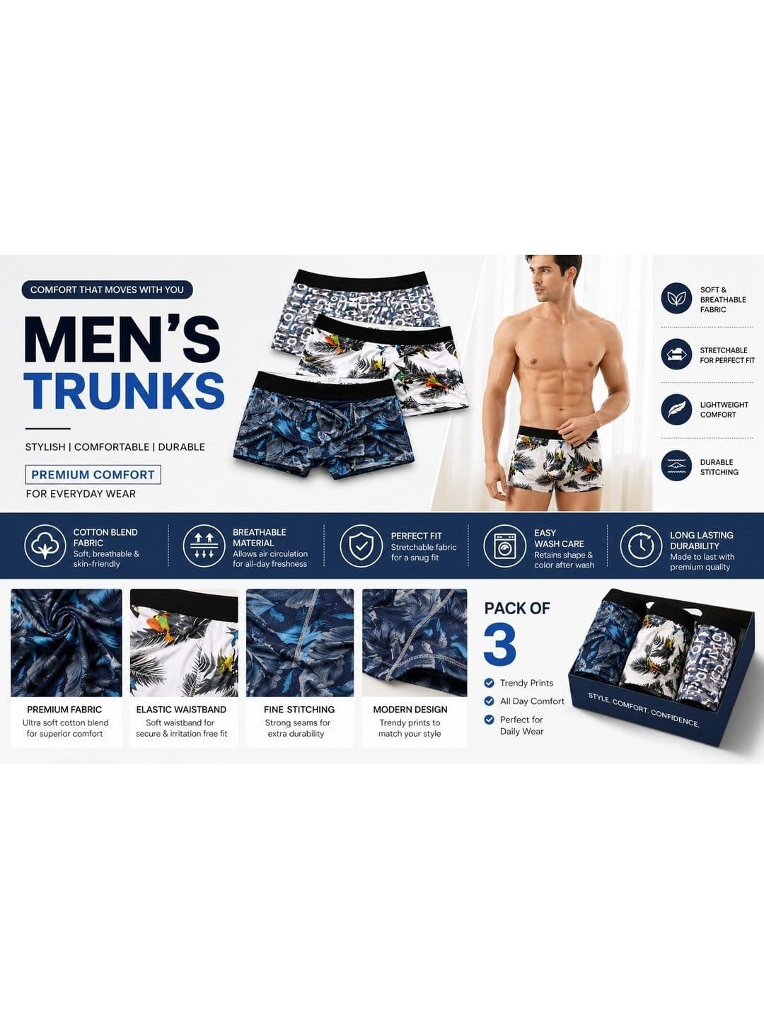 VIVA PLAST Men Pack of 3 Printed Assorted Boxer-Style Briefs thumbnail 4