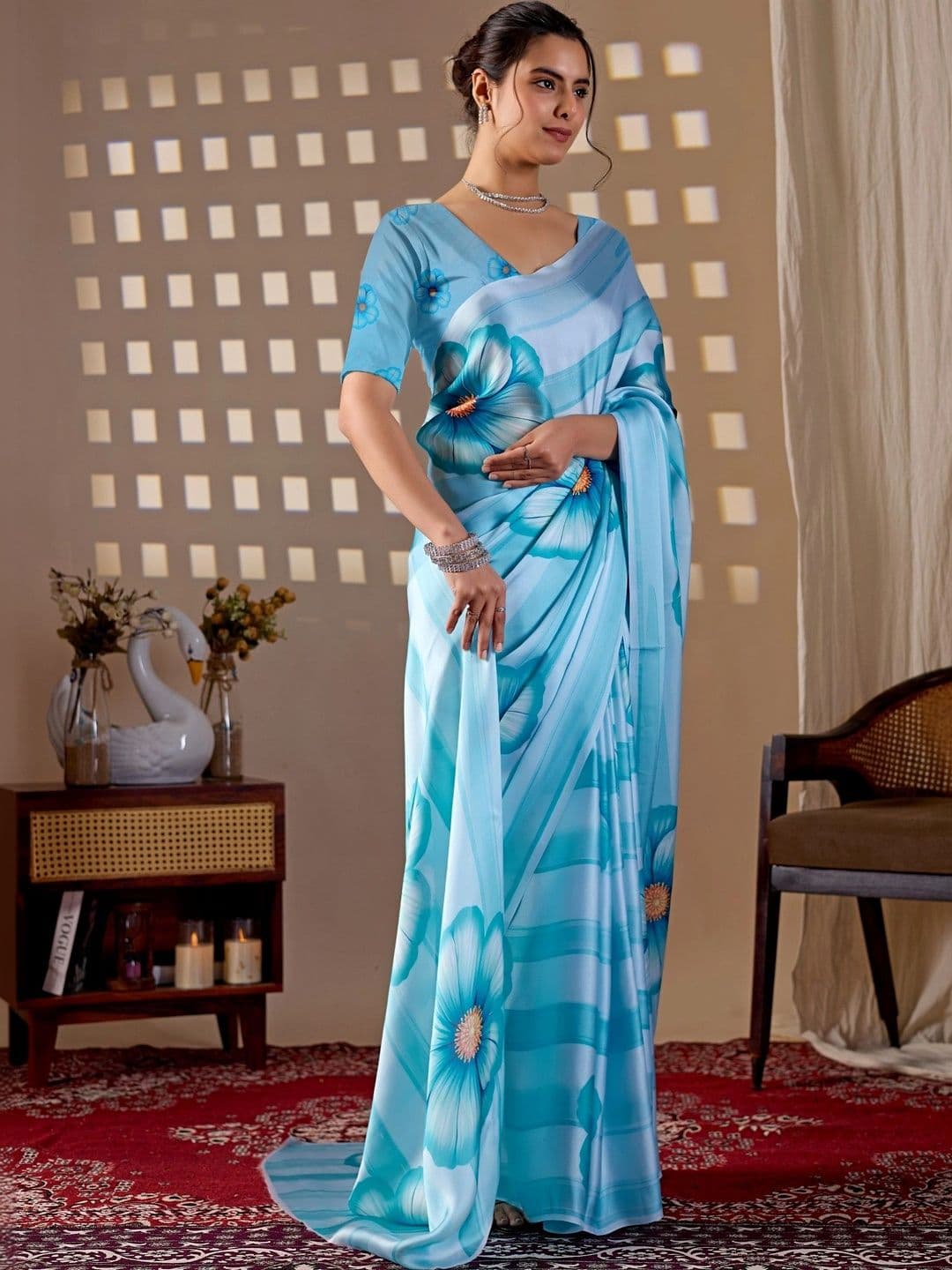 Mitera Floral Satin Fusion Saree thumbnail 5