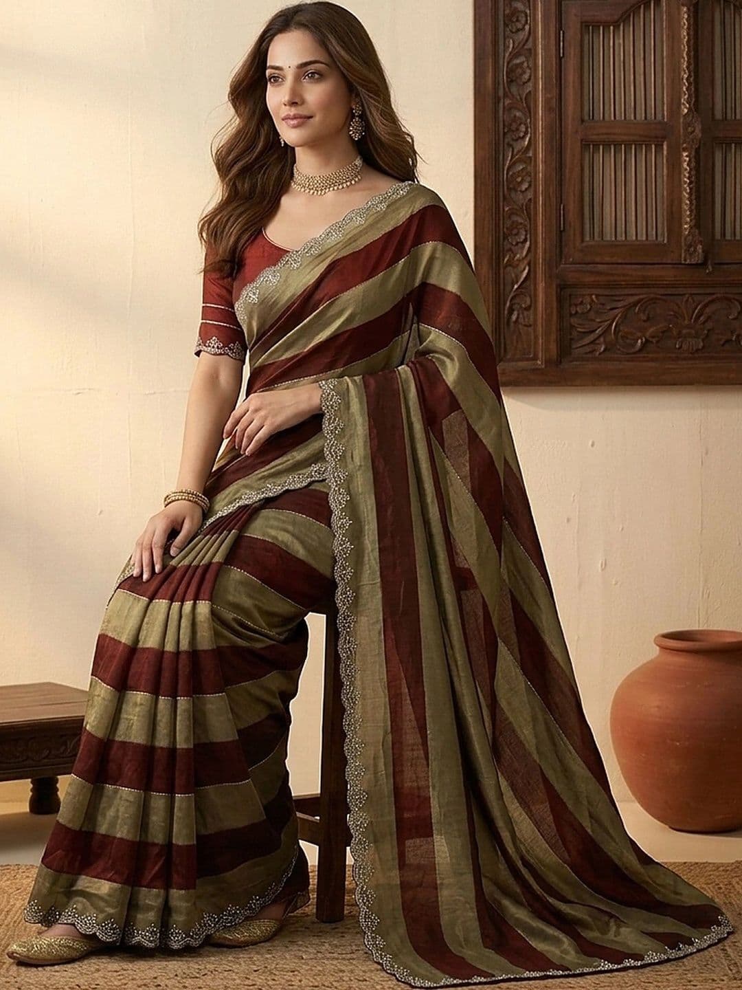all about you Striped Embroidered Silk Blend Fusion Saree thumbnail 2