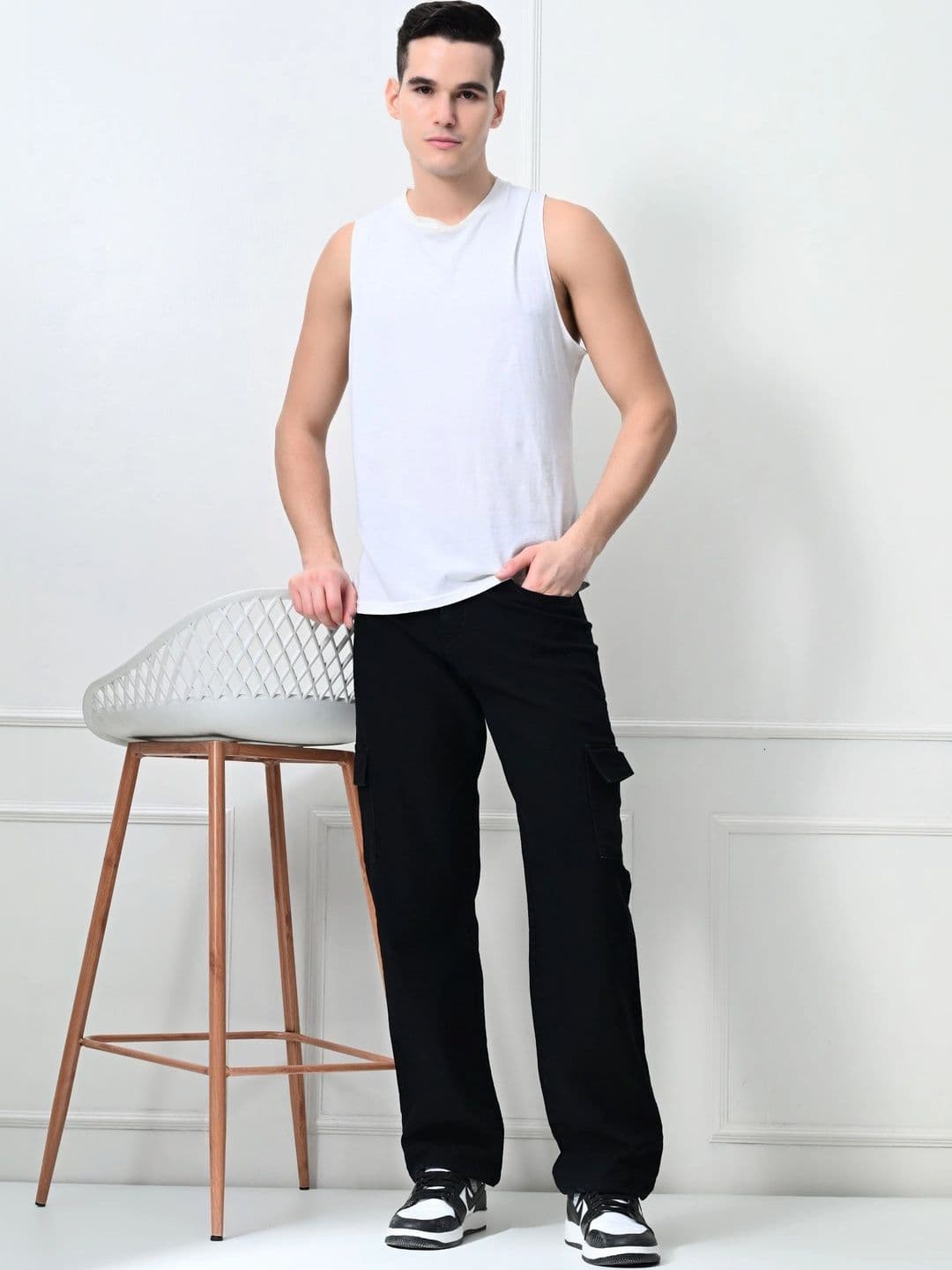 HERE&NOW Men's Jet Black Mid-Rise Cargo Jeans with Straight Fit thumbnail 2