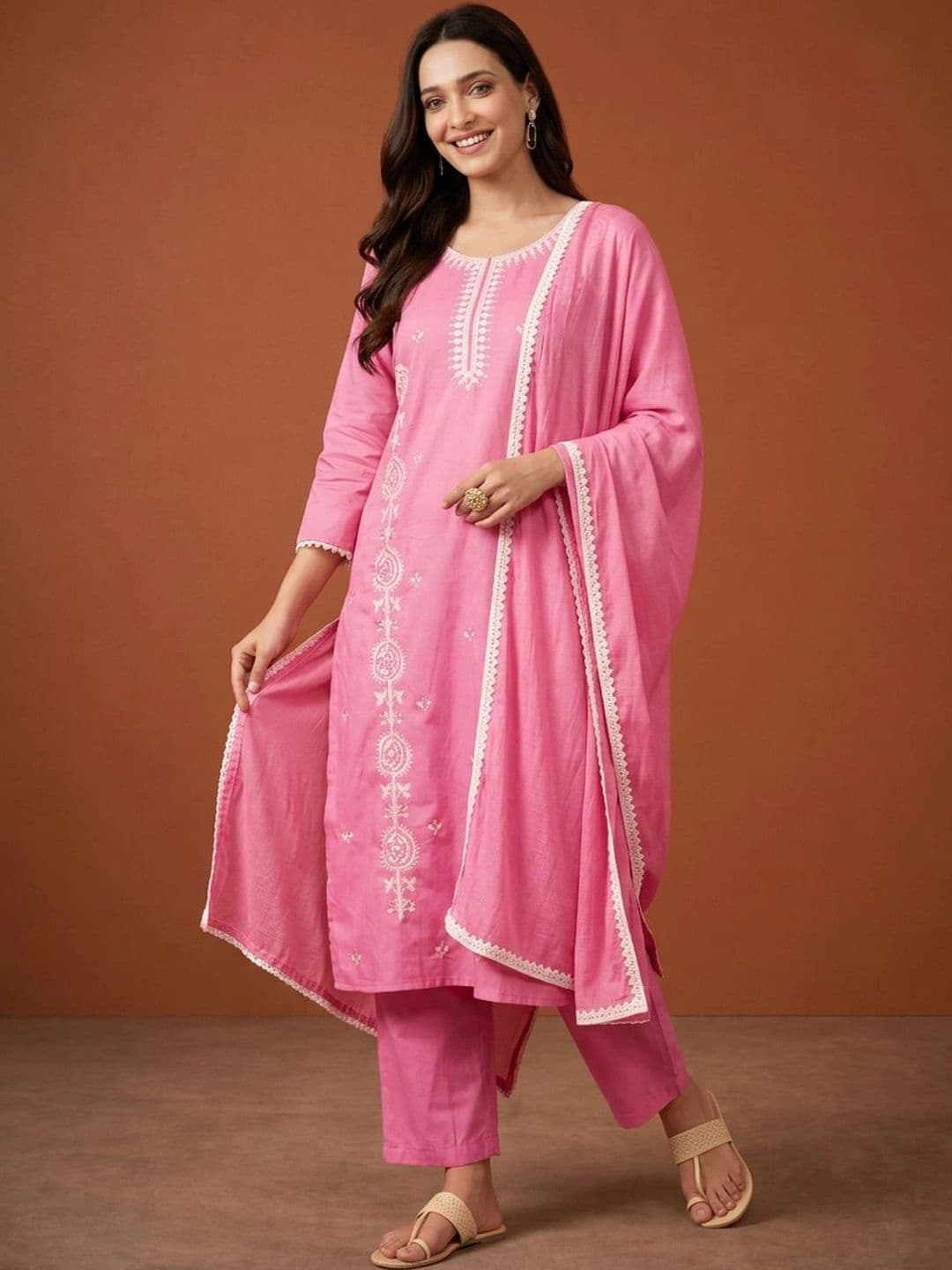 Sangria Women Ethnic Motifs Embroidered Regular Thread Work Pure Cotton Kurta with Trousers & With Dupatta thumbnail 5